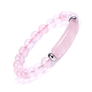 Pink rose quartz beaded bracelet with polished stone bar and metallic accents