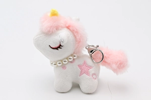 Detailed plush unicorn keychain with pink mane, pearl necklace and star embroidery