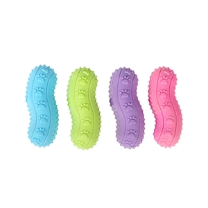 Set of four durable rubber peanut-shaped squeaky pet chew toys in four bright colors