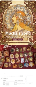 Detailed view of 46 vintage Mucha art style stickers with size and material specifications