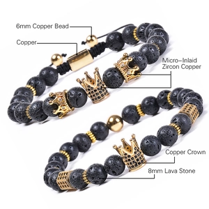 Natural lava stone crown bracelet with micro-pave zircon copper beads in 6mm and 8mm size