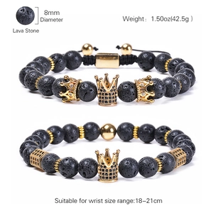 Natural lava stone crown bracelet set with 8mm beads and zircon micro-pave for men and women