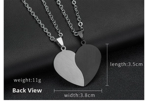Detail showing back view of interlocking heart necklaces with measurements 3.8cm by 3.5cm