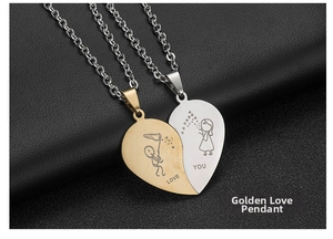 Detailed close-up of heart-shaped puzzle pendants with Love You engravings on black leather