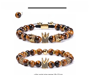 Detail of 8mm tiger eye stone crown bracelets with dimensions and technical specifications