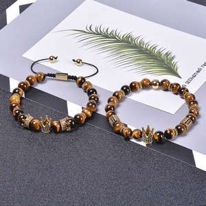 8mm natural tiger eye stone crown bracelets with micro-inlaid zircon gold accessories