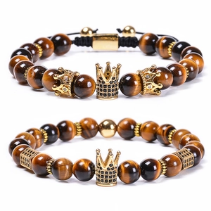 Natural Tiger Eye Stone Bracelet With Micro Paved Zircon Copper Crown Charm Retro Ethnic Jewelry For Men And Women