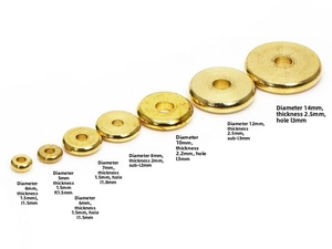 Detailed size chart for solid brass flat spacer beads ranging from 4mm to 14mm in diameter