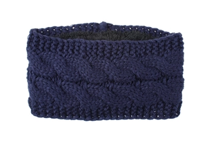 Nahaufnahme eines marineblauen Strickstirnbands mit weichem schwarzem Fleecefutter für Winter