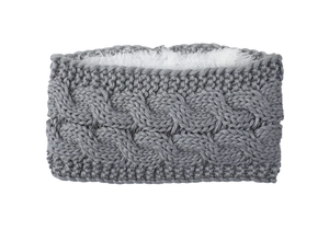 Detail eines grauen Zopfstrick-Stirnbands mit dickem weißem Kunstfellfutter für den Winter