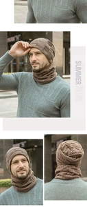 Detail of men's brown knit hat and neck warmer set with fleece lining and checkered pattern