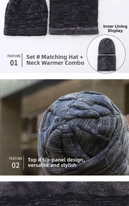 Detail of dark grey knit hat and neck warmer set with thick faux lamb wool lining