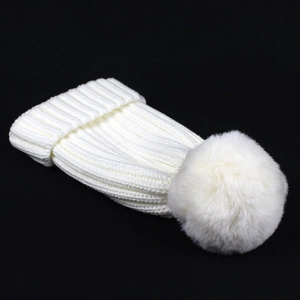 Winter white knit beanie hat with large faux fur pompom for parents and kids