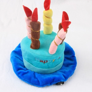 Blue plush birthday cake toy for dogs with squeaky sound and colorful fabric candles