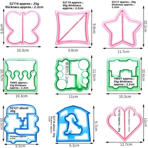 Set of 9 colorful plastic sandwich and cookie cutters in heart star and puppy shapes