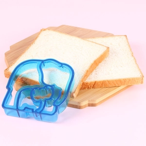 Detail of blue elephant shaped plastic sandwich cutter for DIY bread and toast shapes
