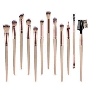 Detailed close-up of 12-piece professional makeup brush set with champagne gold handles