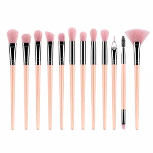 Detail view of 12-piece pink makeup brush set with silver ferrules and long handles