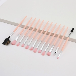 Close-up of 13-piece pink makeup brush set with silver ferrules on white background