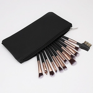 Detail of 12pcs makeup brush set with black PU leather case and rose gold ferrules