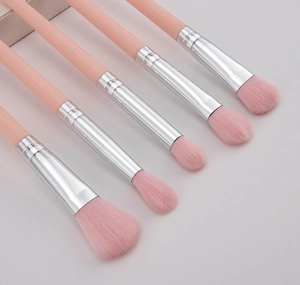 Detail view of 5-piece pink makeup brush set with silver ferrules on light background