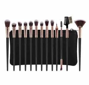 Detailed view of 13 professional makeup brushes with rose gold ferrules and travel pouch