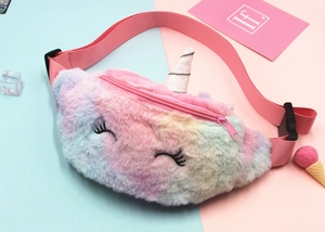 Detail of plush unicorn waist bag showing rainbow fur texture and adjustable strap