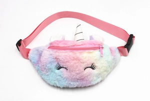 Close-up of rainbow plush unicorn waist bag with 3D horn and embroidered eyelash details