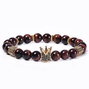 8mm natural red tiger eye beaded bracelet with a micro-inlaid zircon gold crown charm