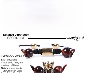 Detail of 8mm red tiger eye stone bracelet with micro-paved gold crown and woven cord