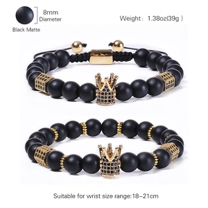 Black matte stone bracelet set with golden crown and micro-pave cubic zirconia beads