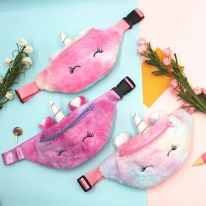 Three plush unicorn waist bags for kids in pink, purple, and rainbow gradient colors