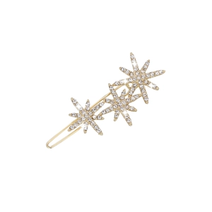 Detail of gold bobby pin featuring three sparkling rhinestone octagonal star ornaments