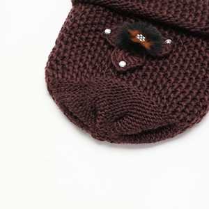 Deep brown thick knit winter hat for women with faux fur flowers and rhinestone accents