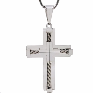 Close-up of silver stainless steel cross pendant with detailed rope texture inlay