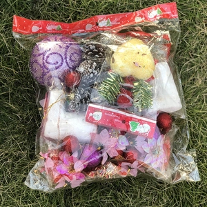 Close-up of Christmas decoration kit with pine cones and glitter ornaments in a bag