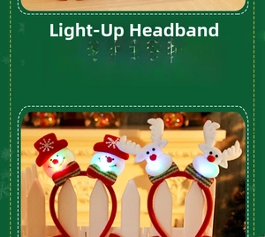 Detail view of glowing Christmas headbands with snowman and reindeer designs showing dimensions