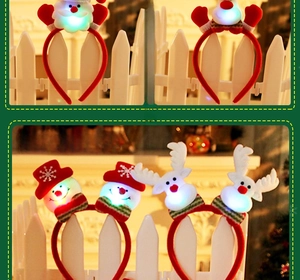 Macro detail of LED glowing Christmas headbands featuring Santa, Snowman and Reindeer