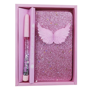 Pink mermaid glitter notebook gift set with angel wings and matching quicksand pen box