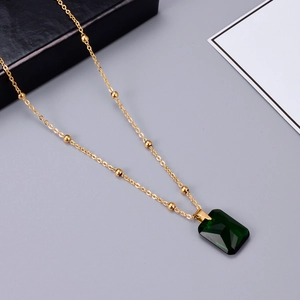 Emerald Cut Green Zircon Pendant Necklace Titanium Steel Vacuum 18K Gold Plated Satellite Beaded Chain Vintage Jewelry