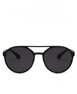 Detail view of double bridge steampunk sunglasses with black frames and HD polarized lenses