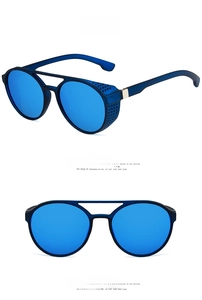 Blue steampunk sunglasses with double bridge and side shields detail, blue mirror lens