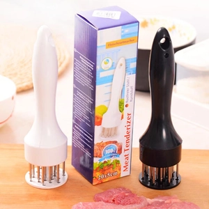 Dual stainless steel meat tenderizer tools in black and white with ergonomic handles
