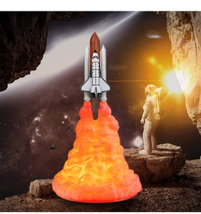 Creative 3D printed space shuttle rocket lamp on orange fire base for desk decor