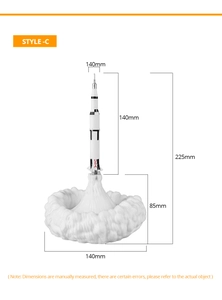 Detailed size chart for the 3D printed rocket lamp with 225mm total height and base dimensions