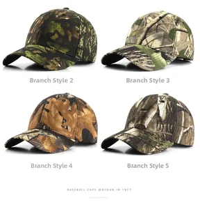 Collage of four leaf pattern camouflage baseball caps in various natural forest colors