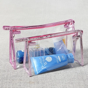 Set of two transparent PVC makeup bags with pink metallic trim in large and small sizes
