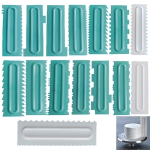 Detail of assorted serrated and smooth plastic cream scrapers in green and white colors