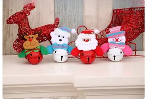 Detailed view of assorted Christmas bell ornaments featuring Santa, reindeer and snowman