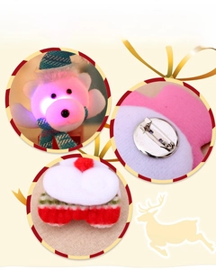 Detail showing the glowing LED plush Christmas bear brooch with metal pin fastening back